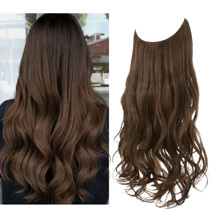 Woman applying natural wave clip-in hair extensions. Simple way to add volume & length to her hair.