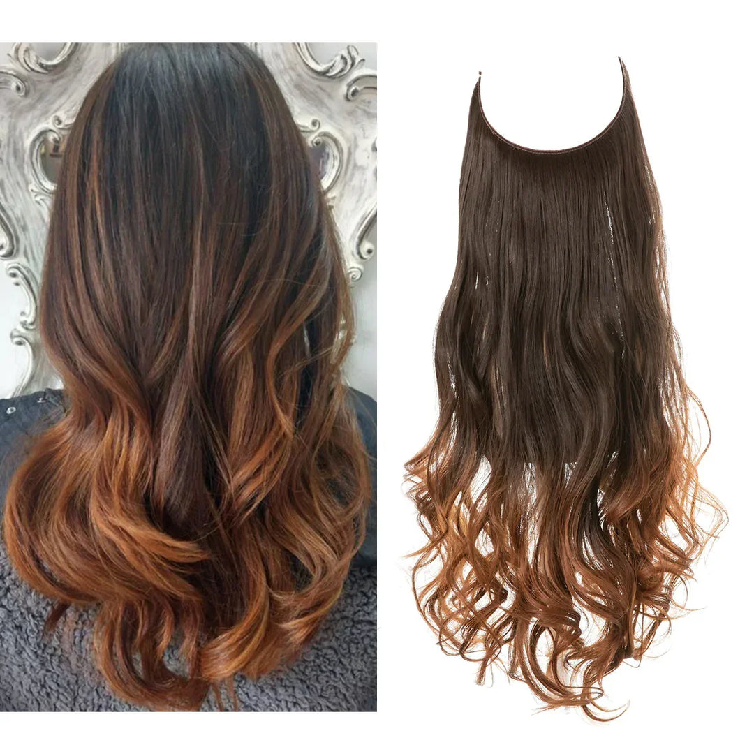 Before & after: Woman's hair transformed with natural wave extensions for volume & length.