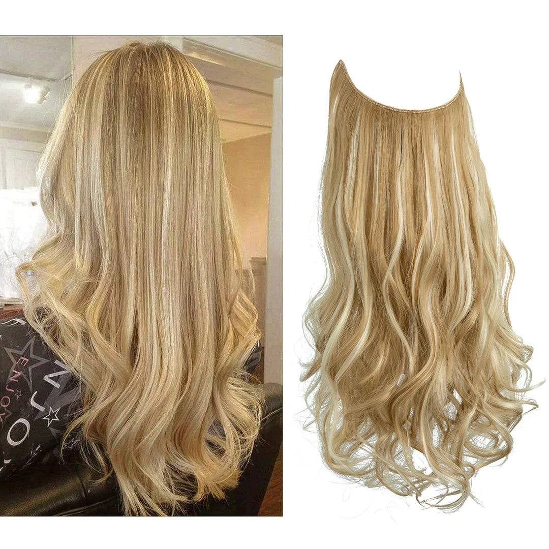 Woman with natural wave blonde hair extensions. Transforms short hair with volume & flowing length.