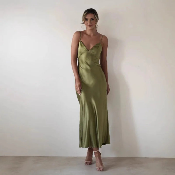 Elegant V-neck midi dress for women. Ideal formal evening wear, cocktail parties & special occasions.