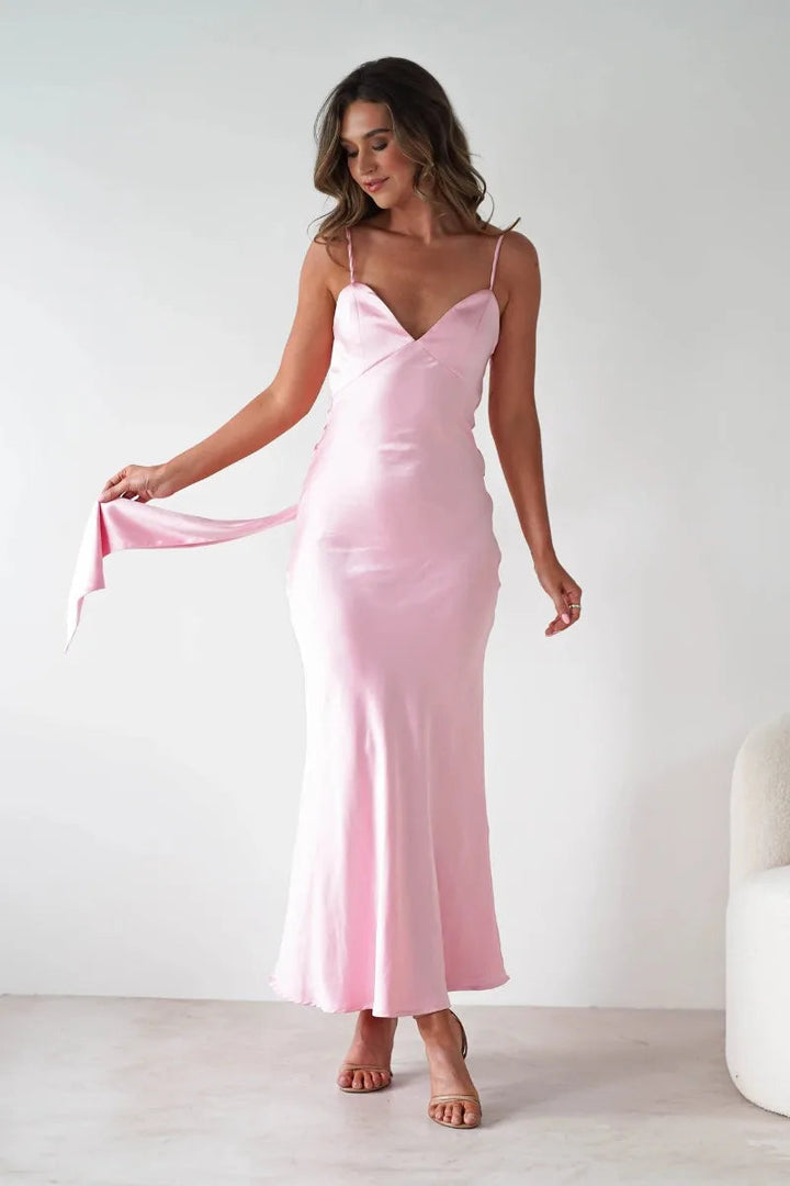 Sophisticated women's V-neck midi dress. Ideal for evening wear, special occasions & formal events.