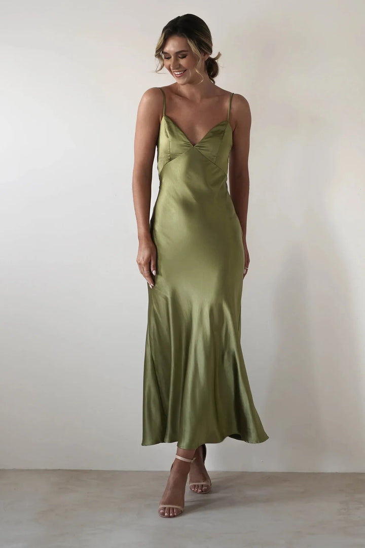 Stunning V-neck midi dress for women. Graceful formal dress, ideal for wedding guests & cocktail wear.