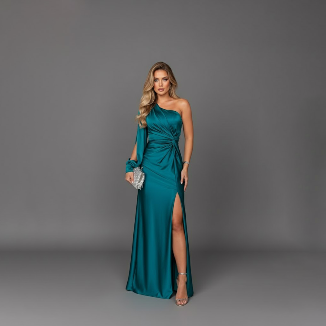 Women's teal one-shoulder cocktail dress with elegant relaxed fit and high side slit, perfect for parties & special occasions.