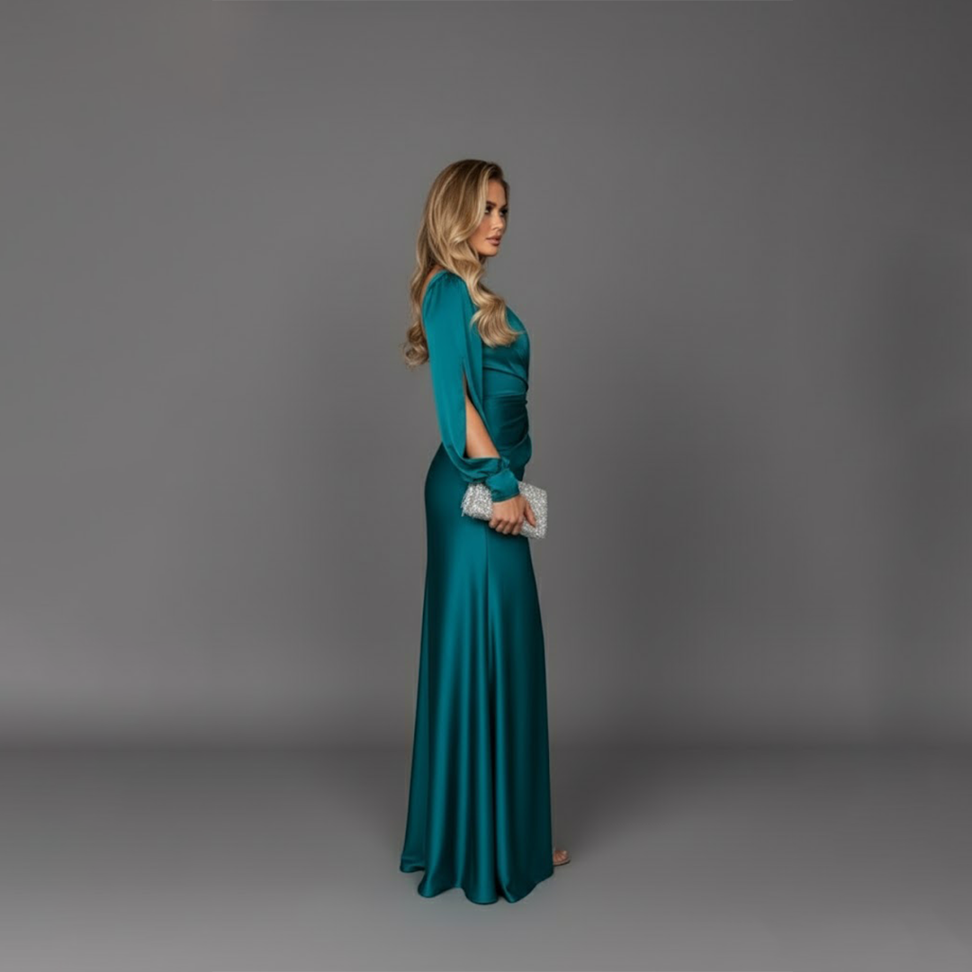 Elegant women's teal one-shoulder formal gown with a relaxed silhouette and side slit for special evening events.