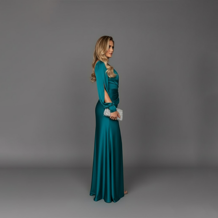Elegant women's teal one-shoulder formal gown with a relaxed silhouette and side slit for special evening events.