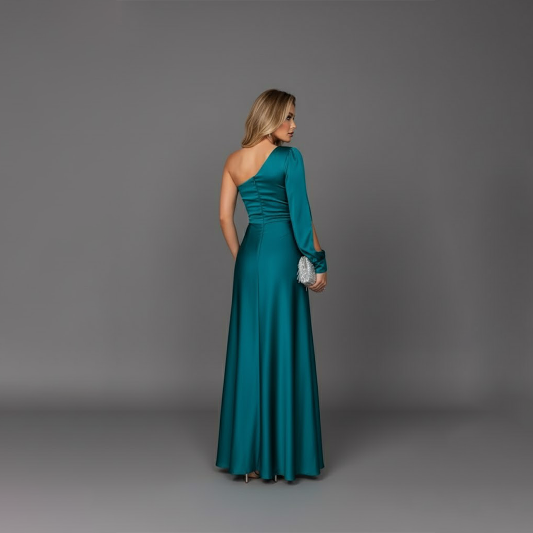 Sophisticated women's teal asymmetrical one-shoulder party dress with a stylish side slit and comfortable relaxed fit.