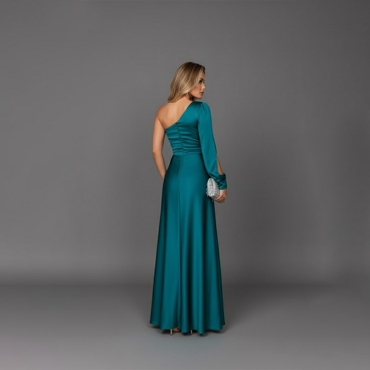 Sophisticated women's teal asymmetrical one-shoulder party dress with a stylish side slit and comfortable relaxed fit.
