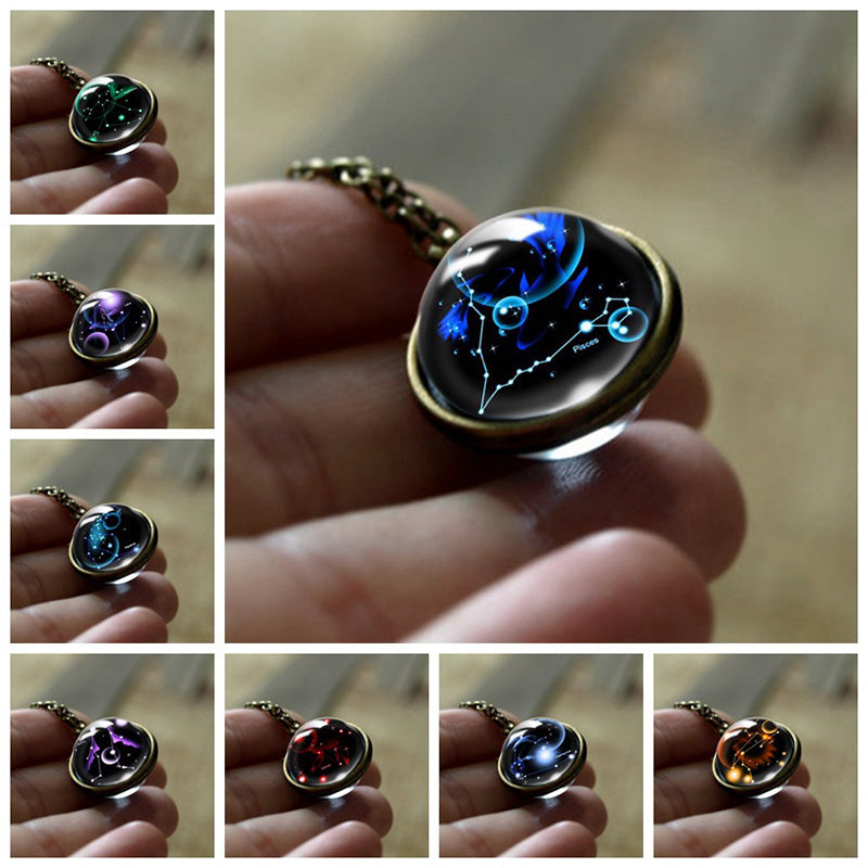 Unique spiritual protection glass pendant necklace, a personalized zodiac astrology gift for women.