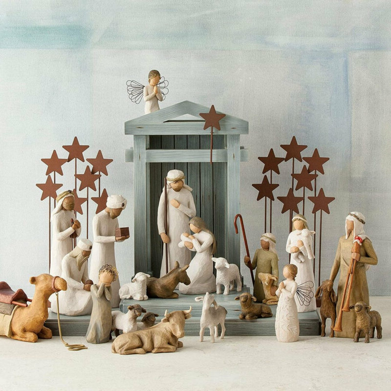 Handmade 20-piece rustic barn wood Christmas Nativity set, perfect for holiday decor & display. Handcrafted religious art.