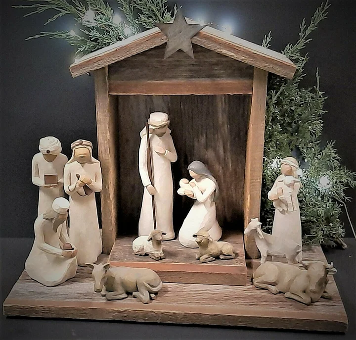 Rustic barn wood Christmas Nativity set, 20 pieces, handcrafted. Unique wooden holiday decor & religious display.