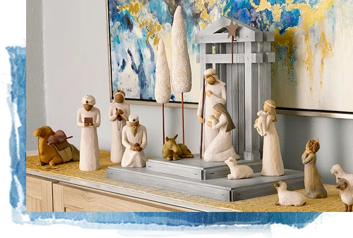 Detailed 20-piece rustic barn wood Nativity set. Handcrafted Christmas decor, ideal for holiday religious display.
