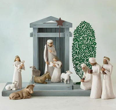 Charming rustic barn wood Christmas nativity set, 20 pieces. Handcrafted wooden holiday display & religious decor.