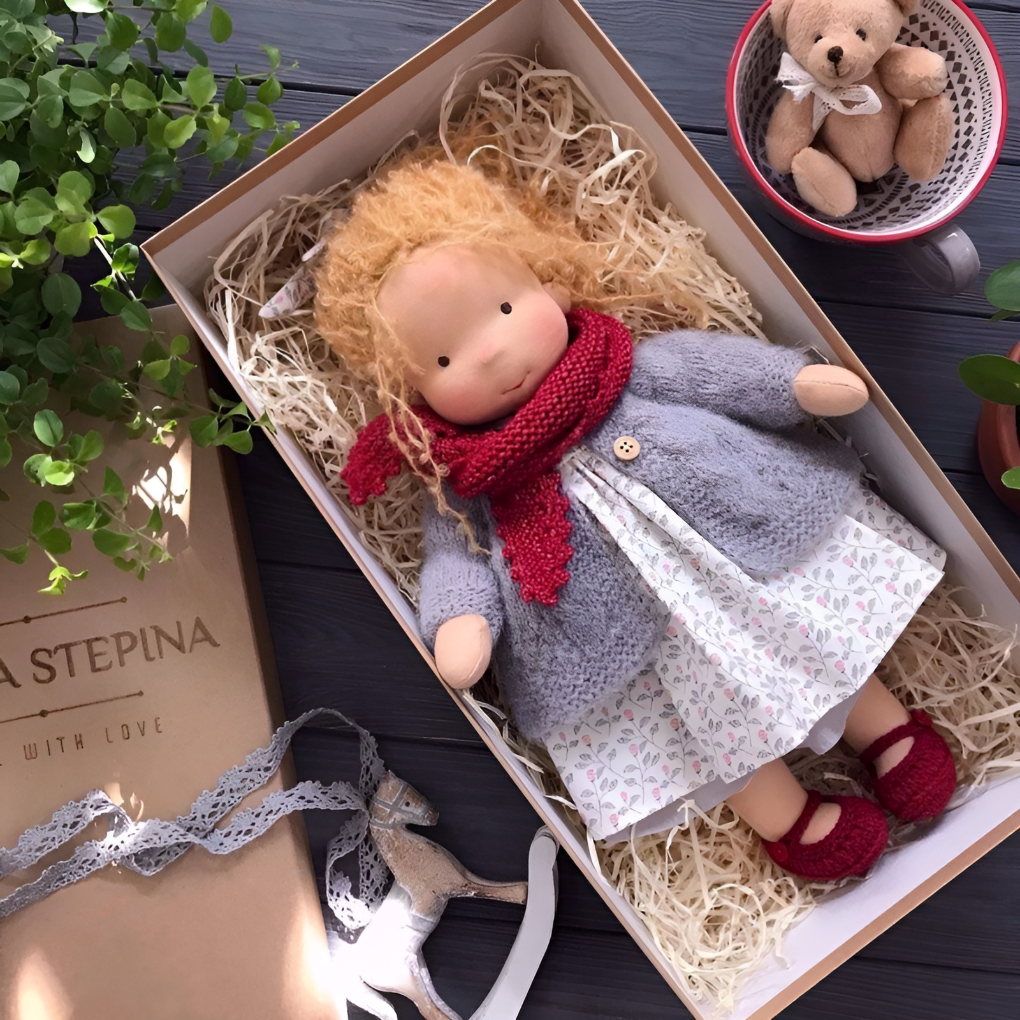 Soft and huggable cotton doll, a perfect Waldorf cuddly toy for little ones.