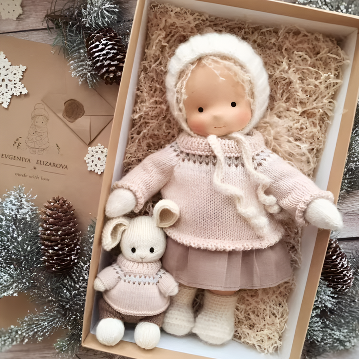 A Waldorf doll's smiling face, promoting nurturing play and emotional development.