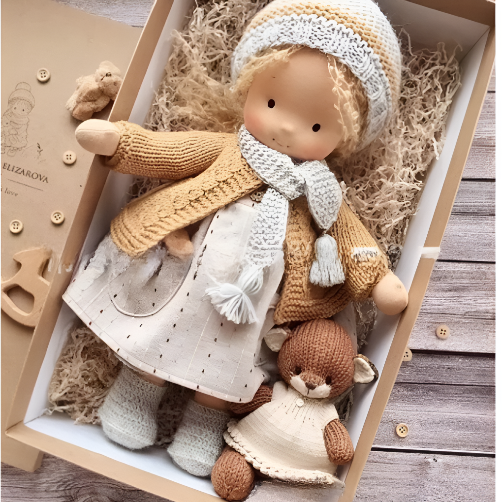 A natural fiber Waldorf doll, perfect for sensitive skin and eco-conscious families.