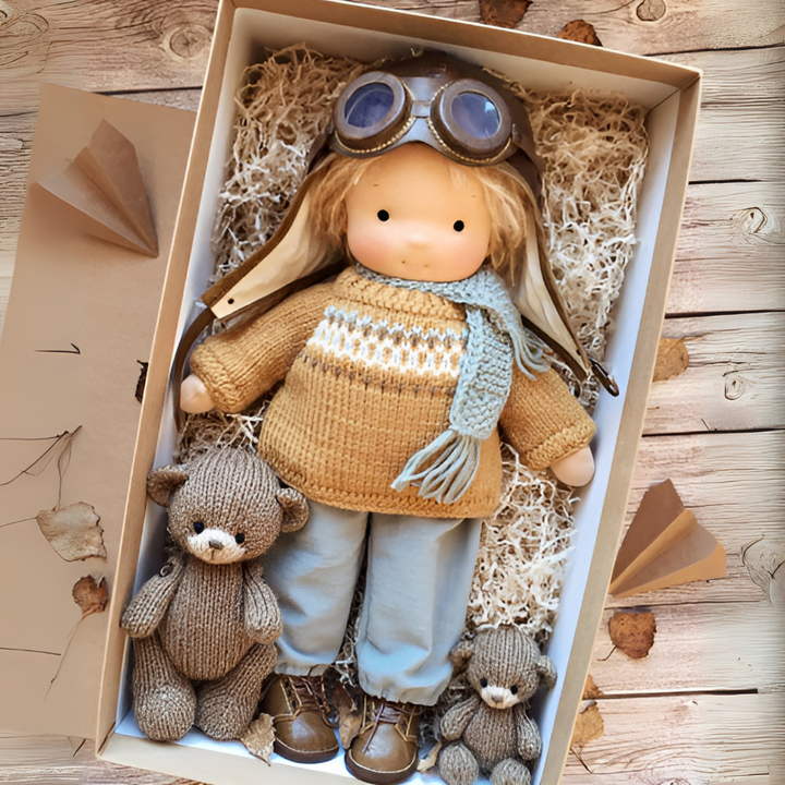 Montessori-inspired play with a handmade Waldorf doll, fostering independence.