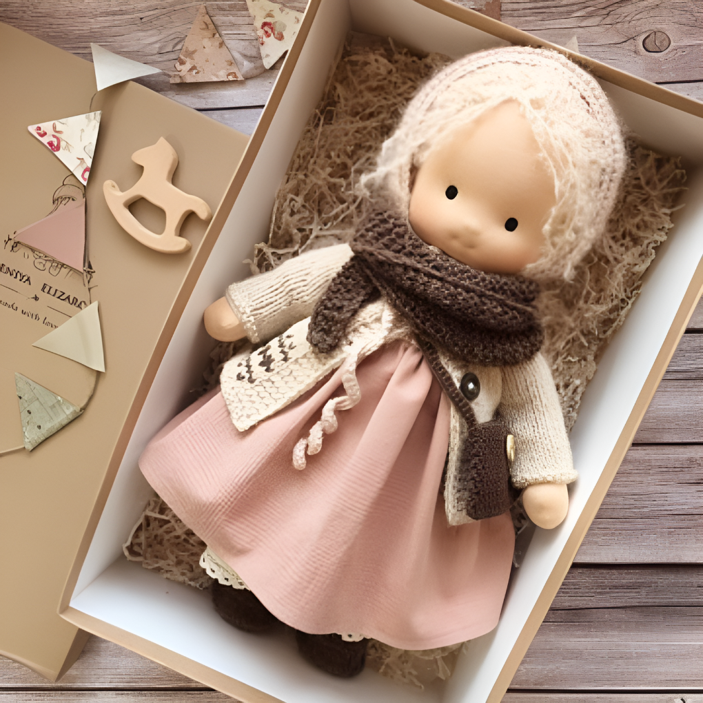 Close-up of a soft Waldorf doll's face, perfect for toddlers and imaginative play.