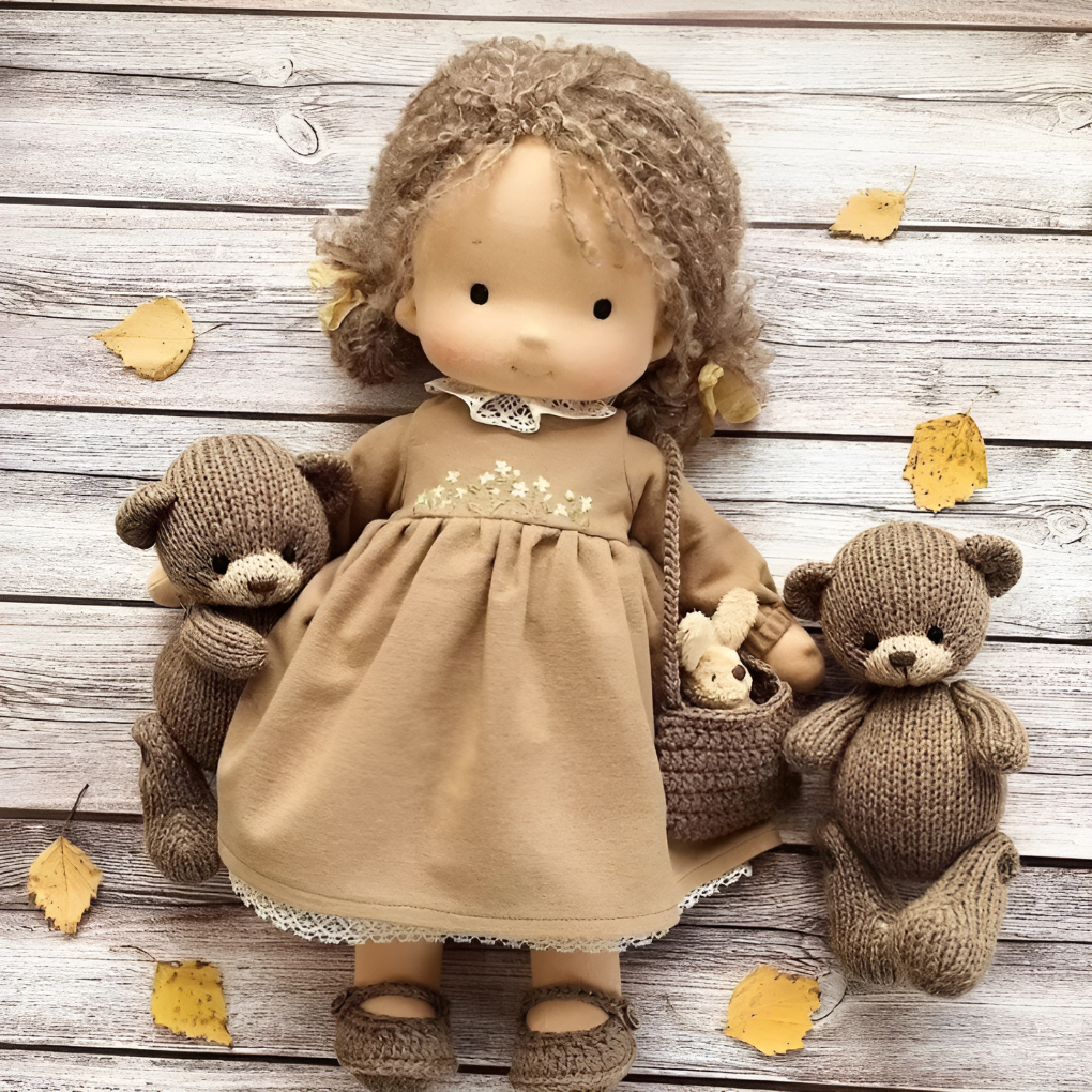 The gentle expression of this Waldorf doll inspires gentle and kind play.