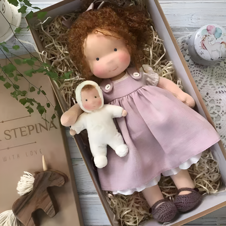 Wool stuffing provides a comforting weight and huggability to this Waldorf doll.