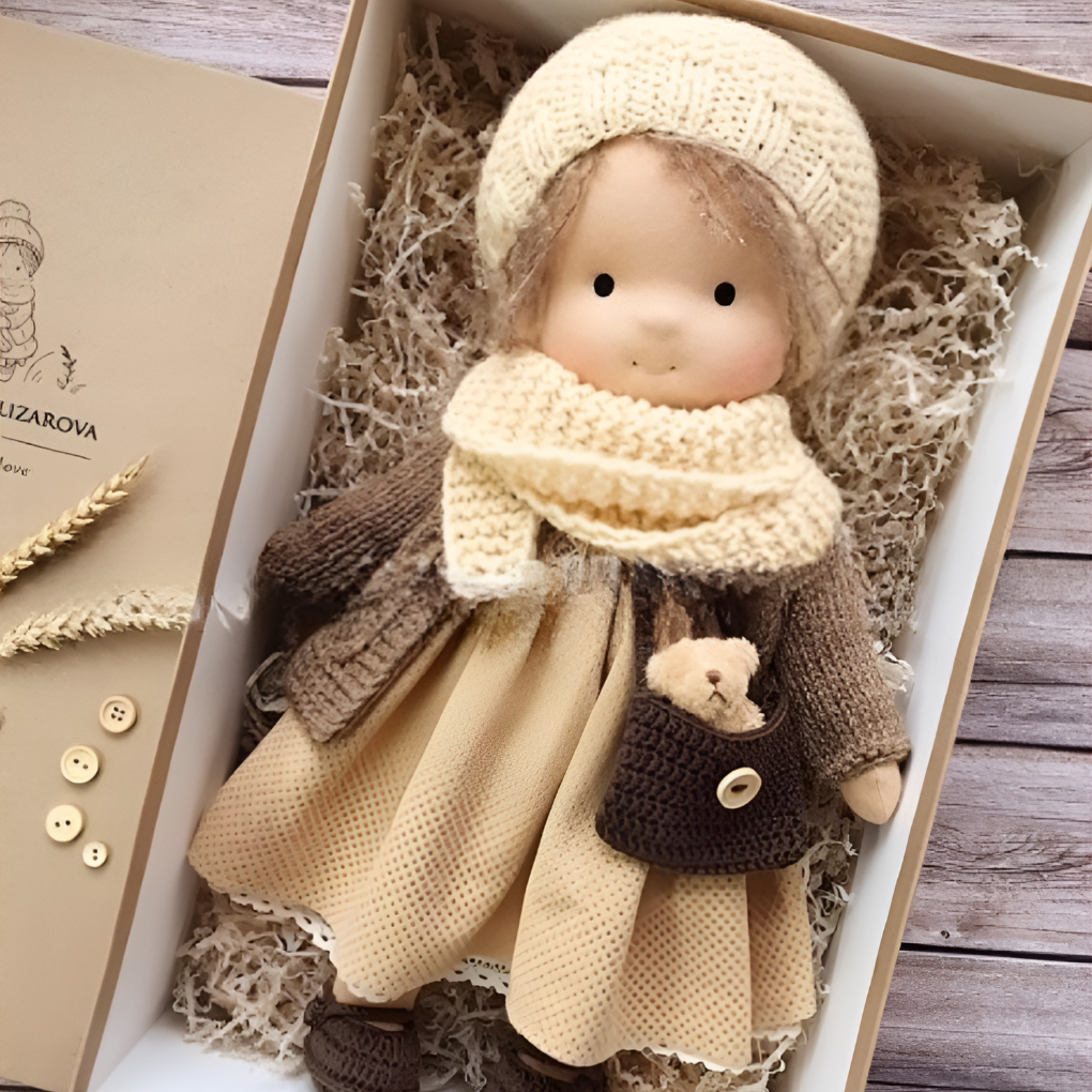 A Waldorf doll's serene face invites peaceful and imaginative play.