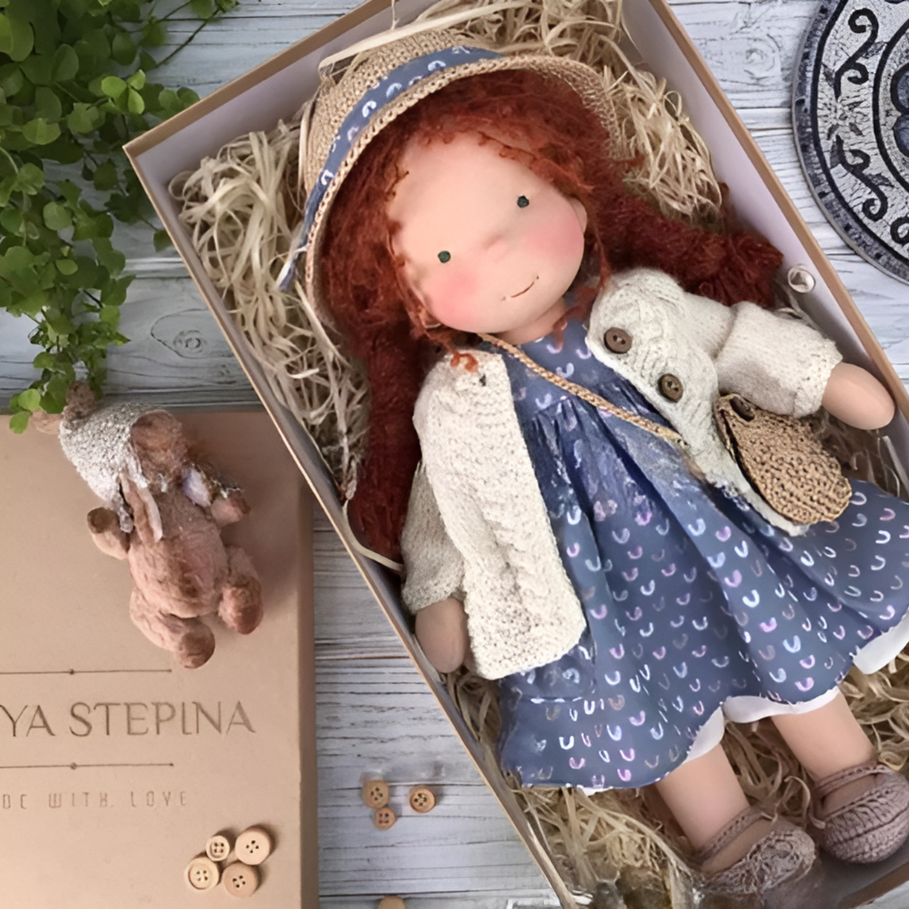 A child's hands gently holding a wool-stuffed Waldorf doll, a comforting cuddly toy.
