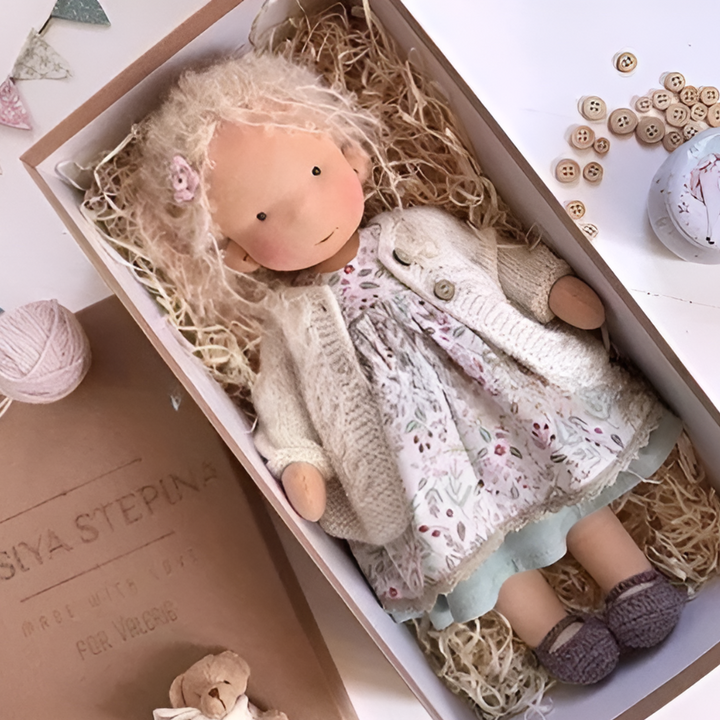 Imaginative play is encouraged with this charming handmade Waldorf doll companion.