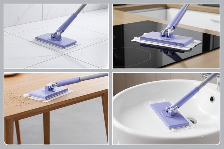 Purple compact mini wet wipe mop. Hands-free design for easy 360° home cleaning.