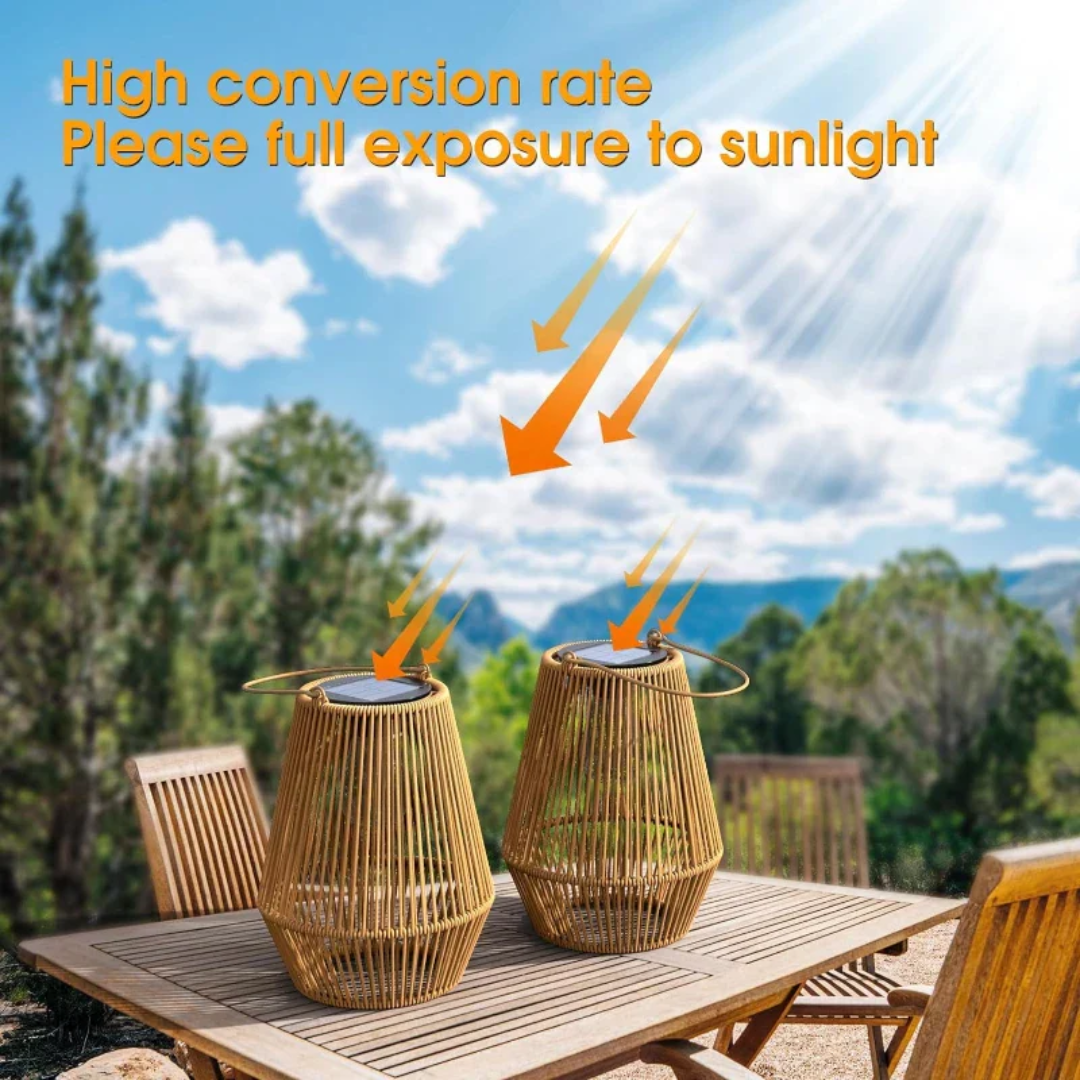 Stylish handwoven rattan solar lantern with LED light, ideal waterproof garden & patio decor.