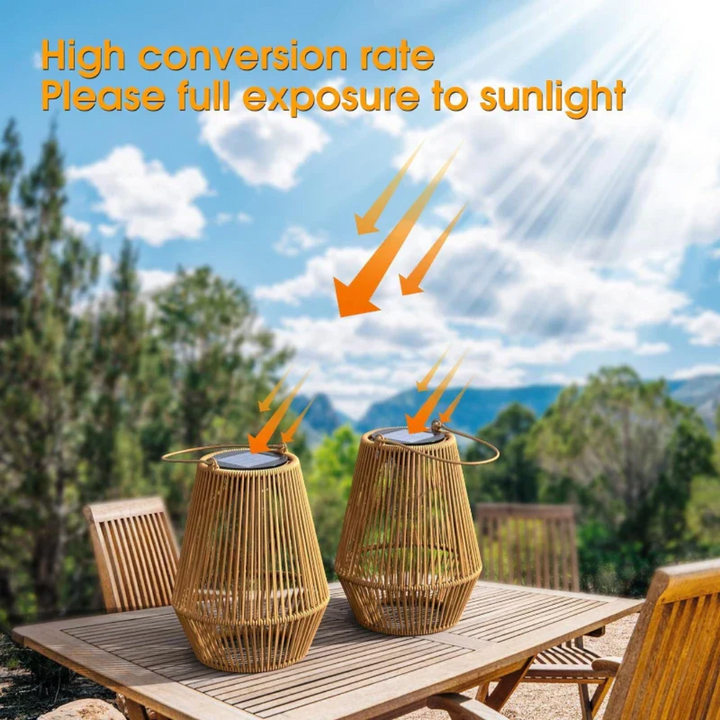 Stylish handwoven rattan solar lantern with LED light, ideal waterproof garden & patio decor.