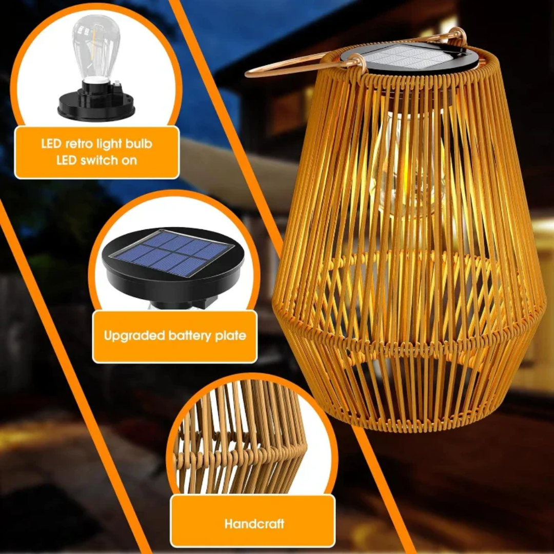 Create warm ambiance with this handwoven solar garden lantern, waterproof & sustainable outdoor lighting.