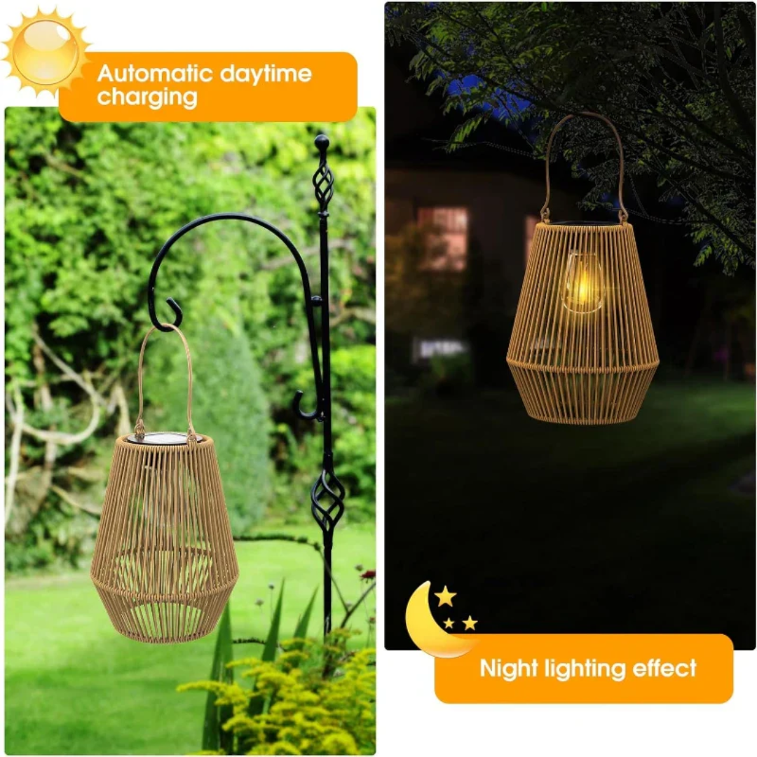 Eco-friendly solar outdoor lantern, handwoven & waterproof, a beautiful addition to any garden or patio.