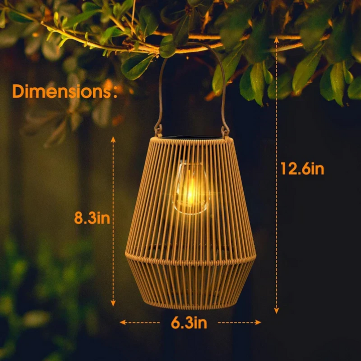 Premium handwoven waterproof solar garden lantern, providing warm LED light for outdoor spaces.