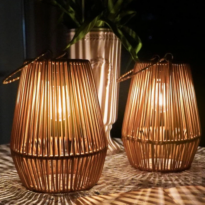 Decorative handwoven solar garden light, waterproof & durable for all outdoor lighting needs.