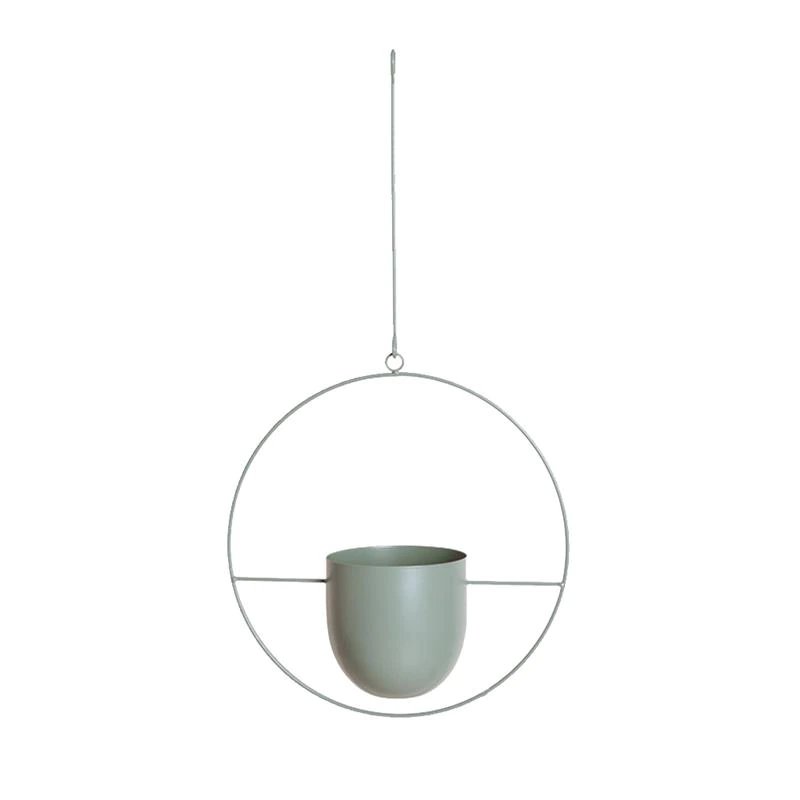 Elegant black metal hanging planter. Modern accent for your home, patio, or garden plants. Adds style.