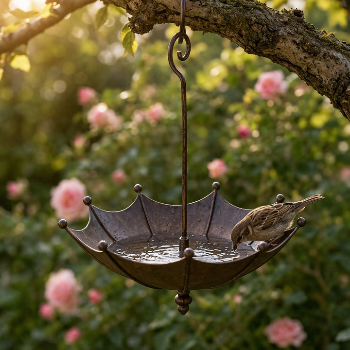 Outdoor hanging umbrella bird feeder & bath, a perfect garden accessory for backyard wildlife.