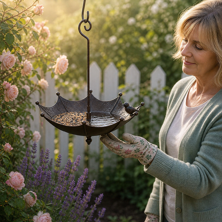 Decorative metal umbrella bird feeder & bath, great for hanging in your garden or backyard.
