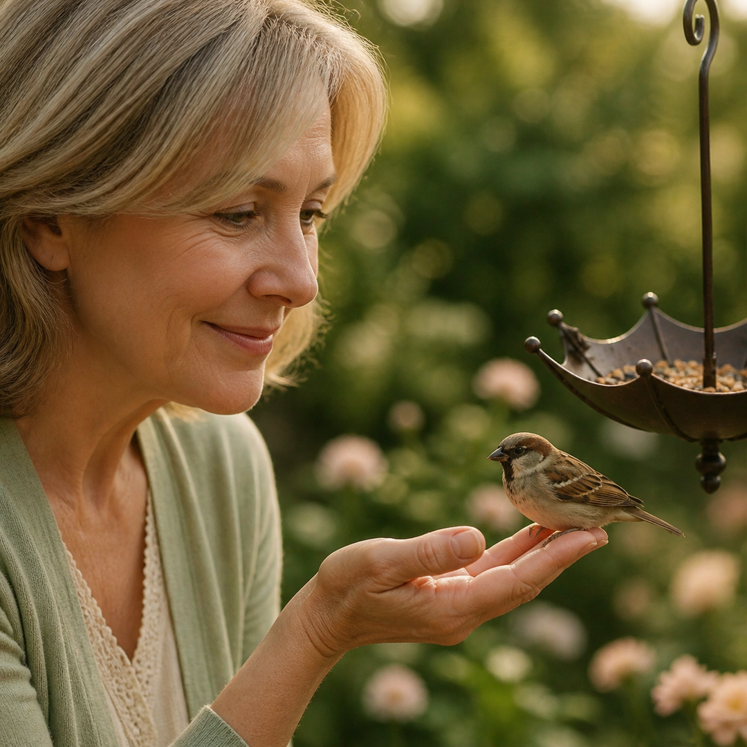 Hanging umbrella bird feeder & bath, providing food & water for birds in your backyard sanctuary.