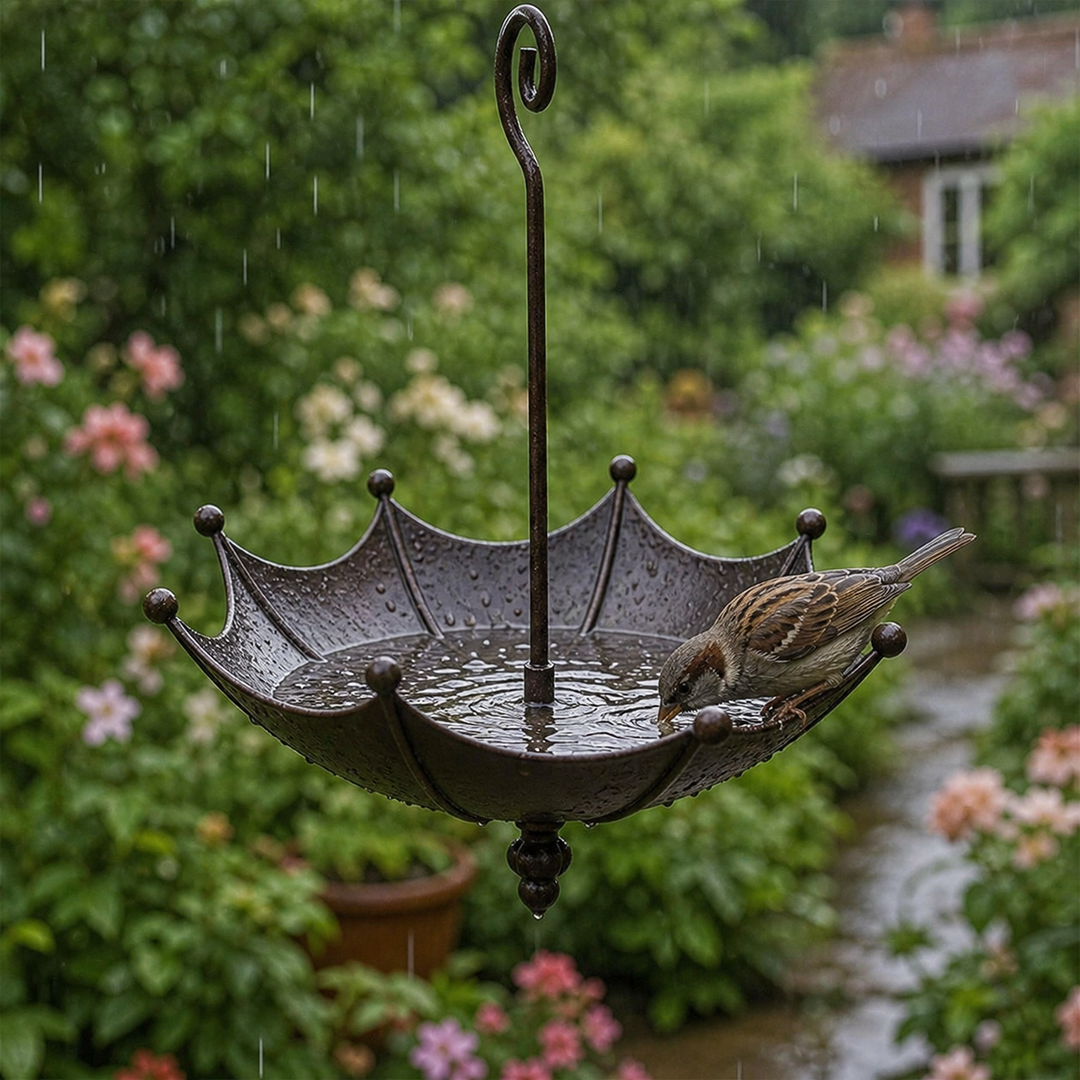 Charming outdoor hanging umbrella bird feeder & bath, a wonderful nature gift for bird lovers.