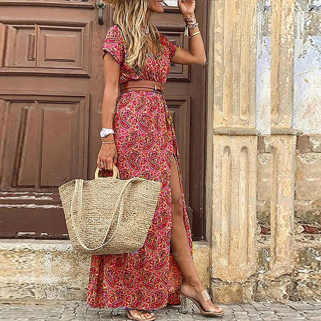Casual yet chic women's boho maxi dress with a defined waist belt, great for vacation wear.
