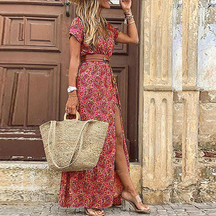 Casual yet chic women's boho maxi dress with a defined waist belt, great for vacation wear.