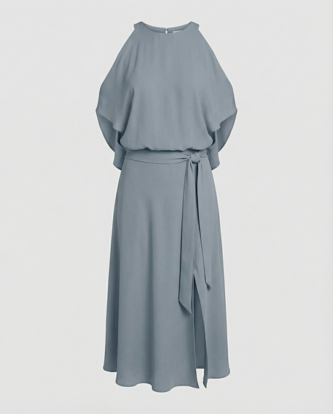 Stunning cold shoulder wrap midi dress for races; a formal, elegant party dress with an asymmetric hem for women.