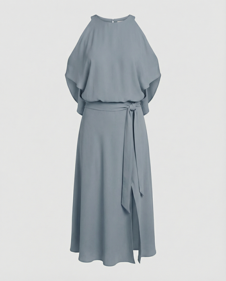 Stunning cold shoulder wrap midi dress for races; a formal, elegant party dress with an asymmetric hem for women.