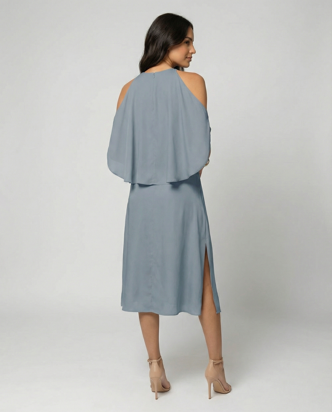 Fashionable women's cold shoulder wrap midi dress featuring an asymmetric hem, ideal for cocktails or formal parties.
