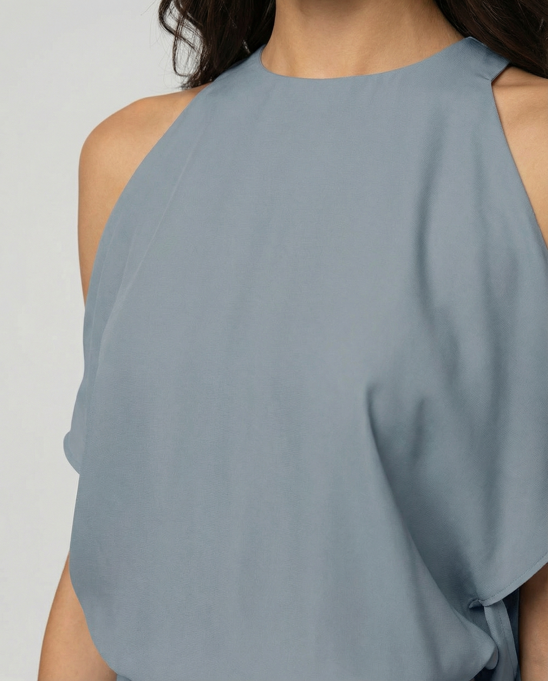 Chic women's cold shoulder wrap midi dress with an elegant drape & asymmetric hem, perfect as a party or race dress.