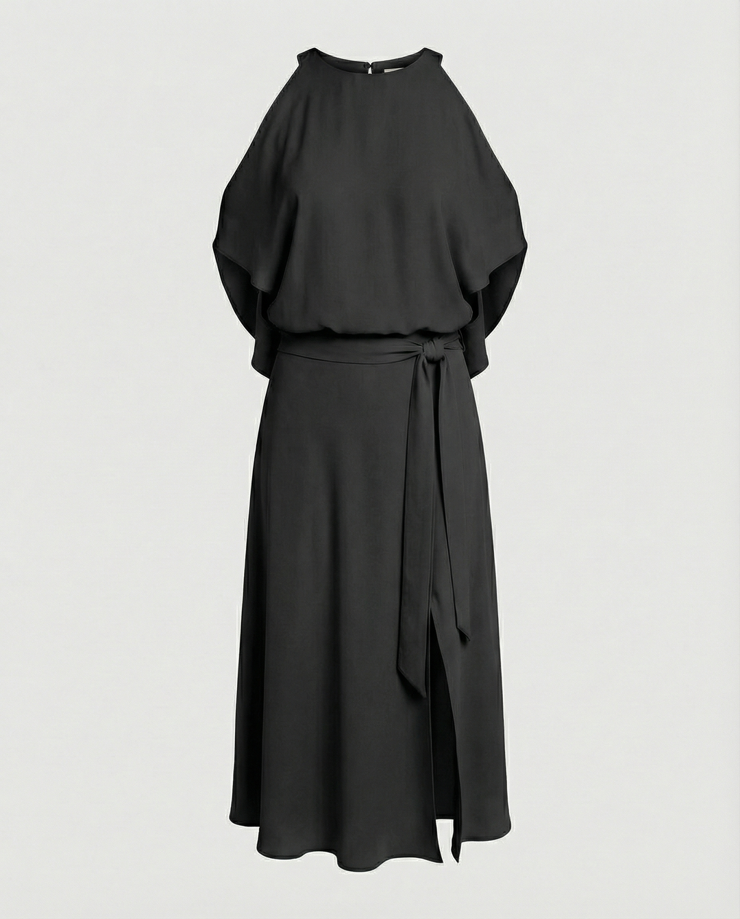 Sophisticated women's polished wrap midi dress with cold shoulder cutouts, a formal and elegant choice for events.