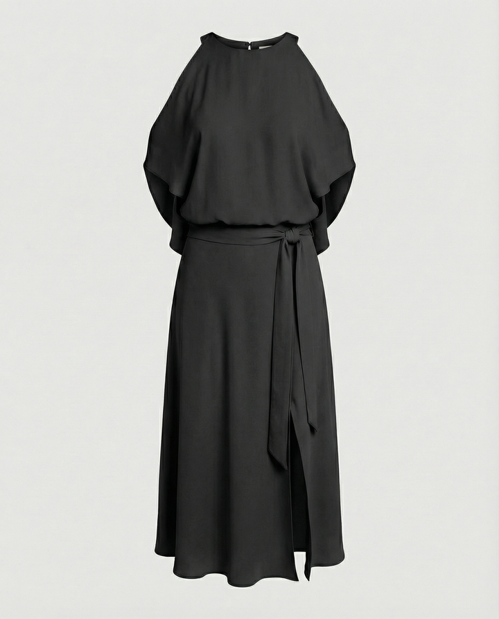 Sophisticated women's polished wrap midi dress with cold shoulder cutouts, a formal and elegant choice for events.