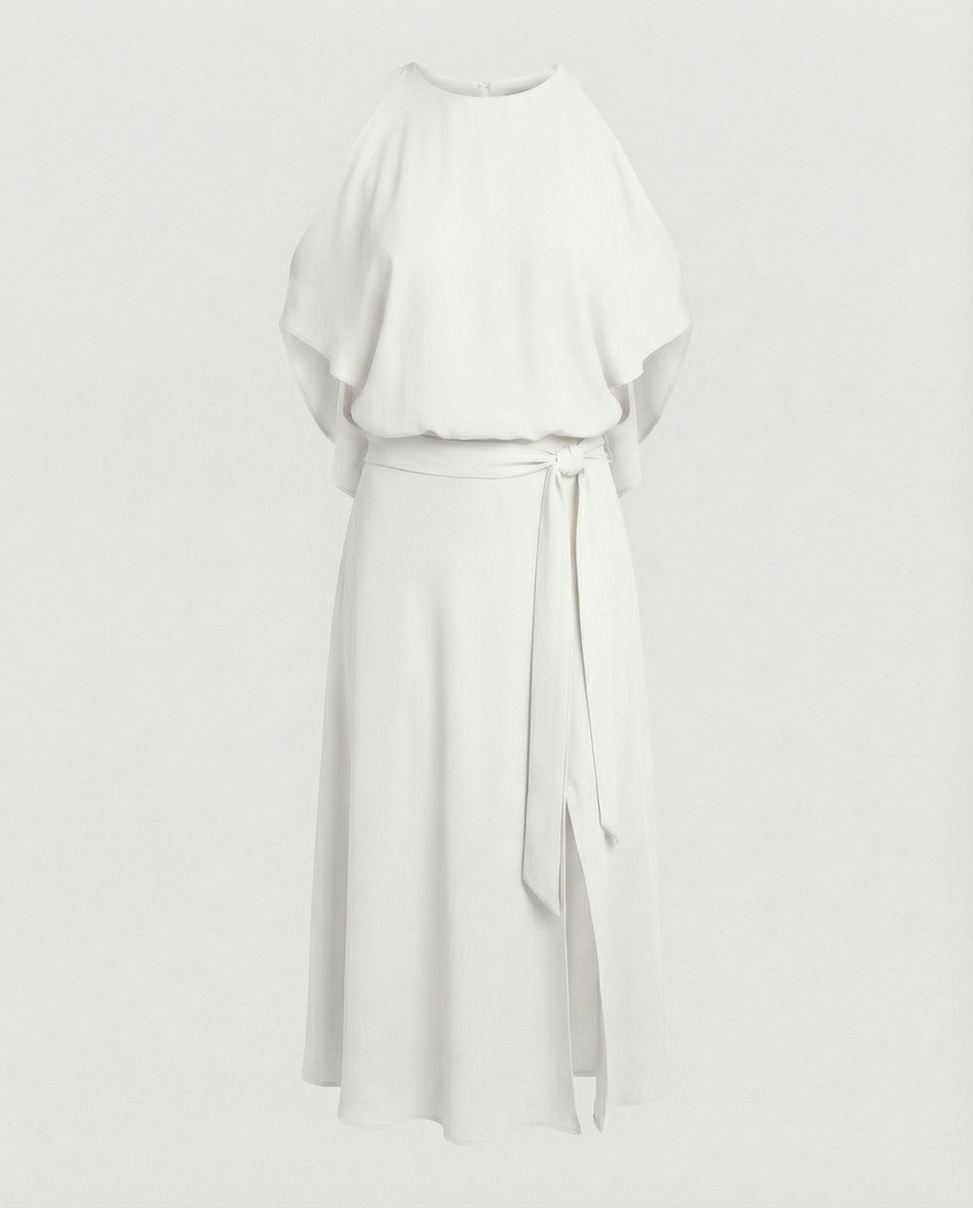 Women's Polished Cold Shoulder Wrap Midi Dress for races, an elegant formal cocktail dress with asymmetric hem.
