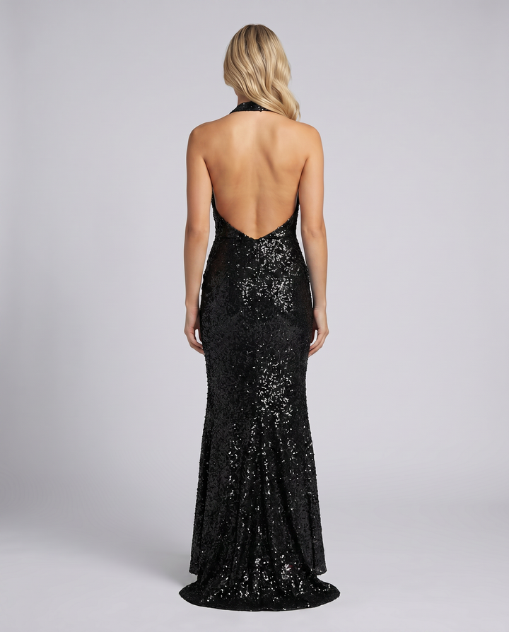 Glamorous sequin halter neck mermaid maxi dress, perfect for black tie and special occasions.