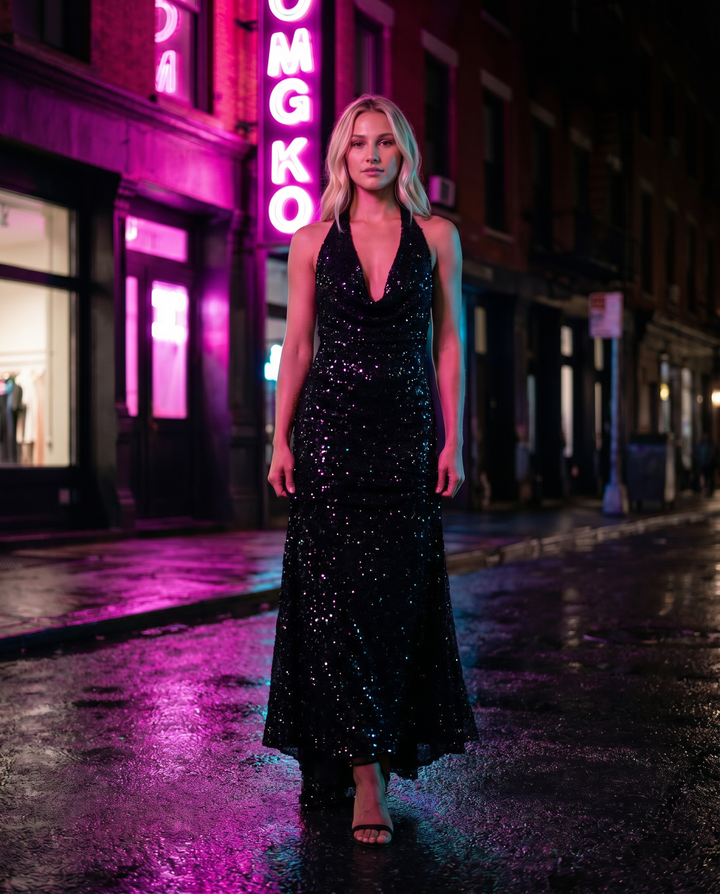 Stunning formal evening gown: women's sequin halter mermaid dress for parties & race day.