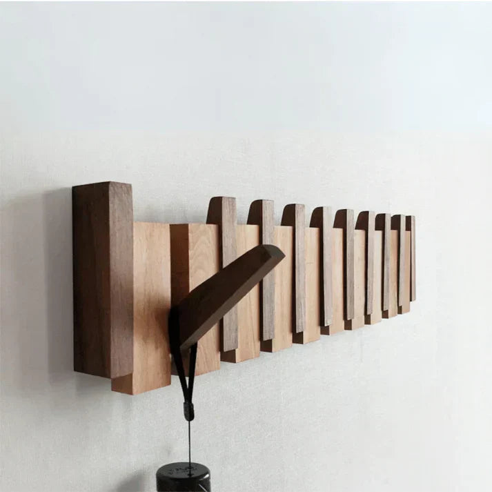 Durable wooden piano coat rack, perfect hallway organizer for hats and scarves.